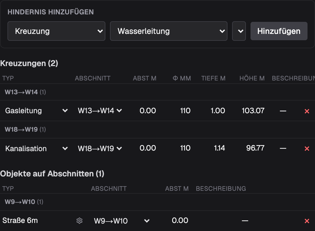 Das Panel „Objekte und Kreuzungen“ mit dem Hinzufügen-Formular und den Listen für Kreuzungen und Objekte