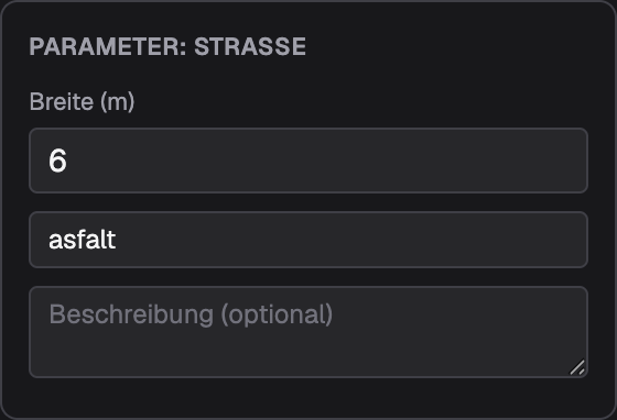 Das Popover „Parameter: Straße“ mit einem Breitenfeld, Material und Beschreibung