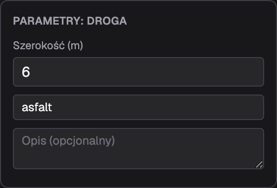 Popover „Parametry: Droga" z polem szerokości, materiałem i opisem