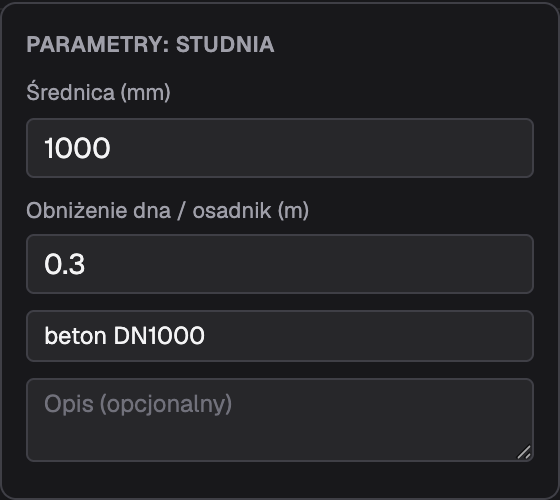 Popover „Parametry: Studnia" ze średnicą, obniżeniem dna, materiałem i opisem