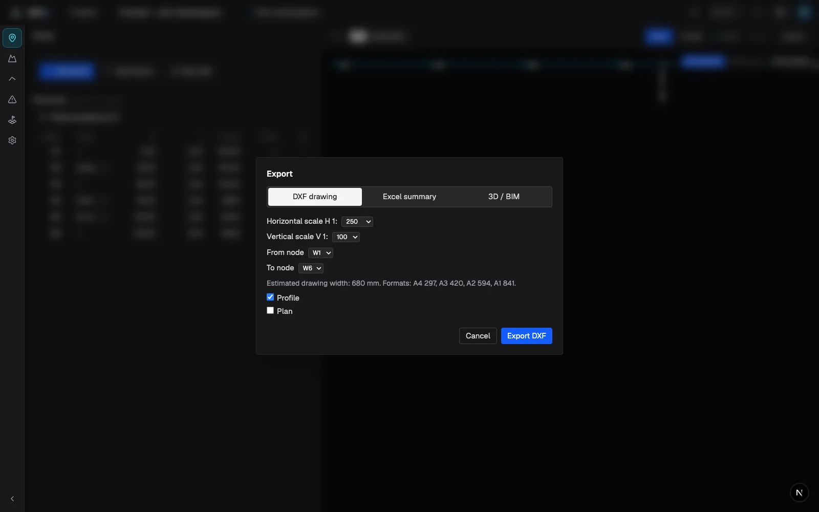 DXF export dialog in Altivo: independent horizontal and vertical scale, node range from–to, and the estimated drawing width with sheet size (A4–A1)