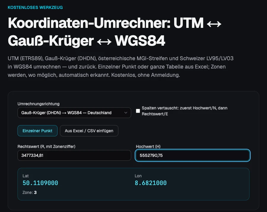 Koordinaten-Umrechner von Altivo: Gauß-Krüger-Koordinaten R 3477334,81 / H 5552790,75 werden in WGS84 umgerechnet — Ergebnis Lat 50,1109, Lon 8,6821, Zone 3 automatisch erkannt