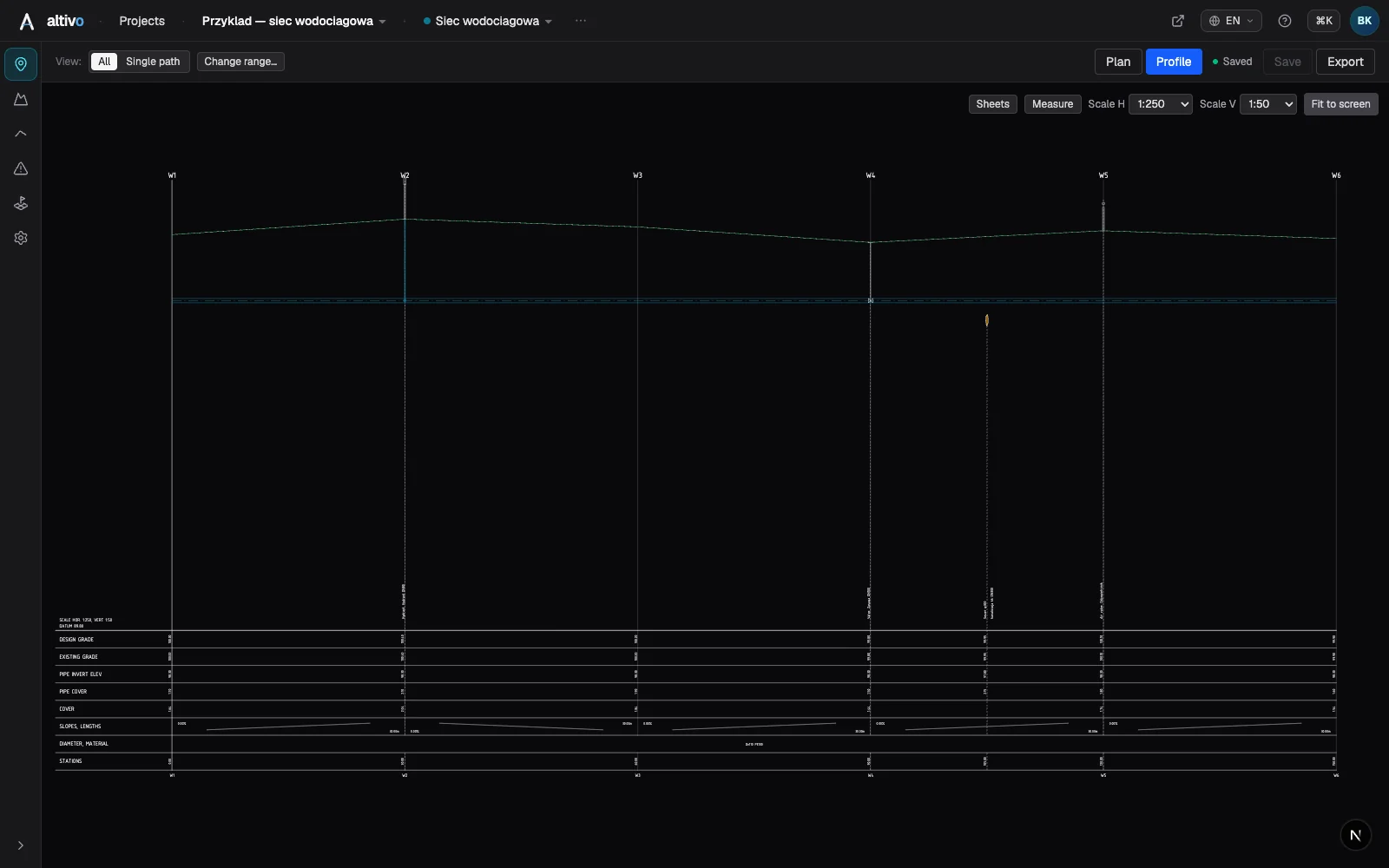 Water main long section to DXF — step by step